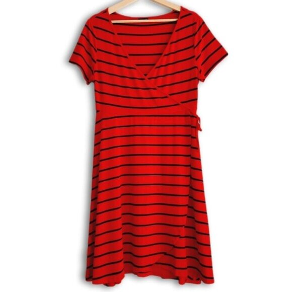 TORRID \ Faux Wrap Knee Length Midi Dress Stretch Jersey Knit Stripe Red Blue M - Picture 1 of 13